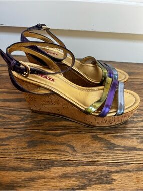 Prada Metallic Multicolor Cork Wedge Sandals Shoes 7.5